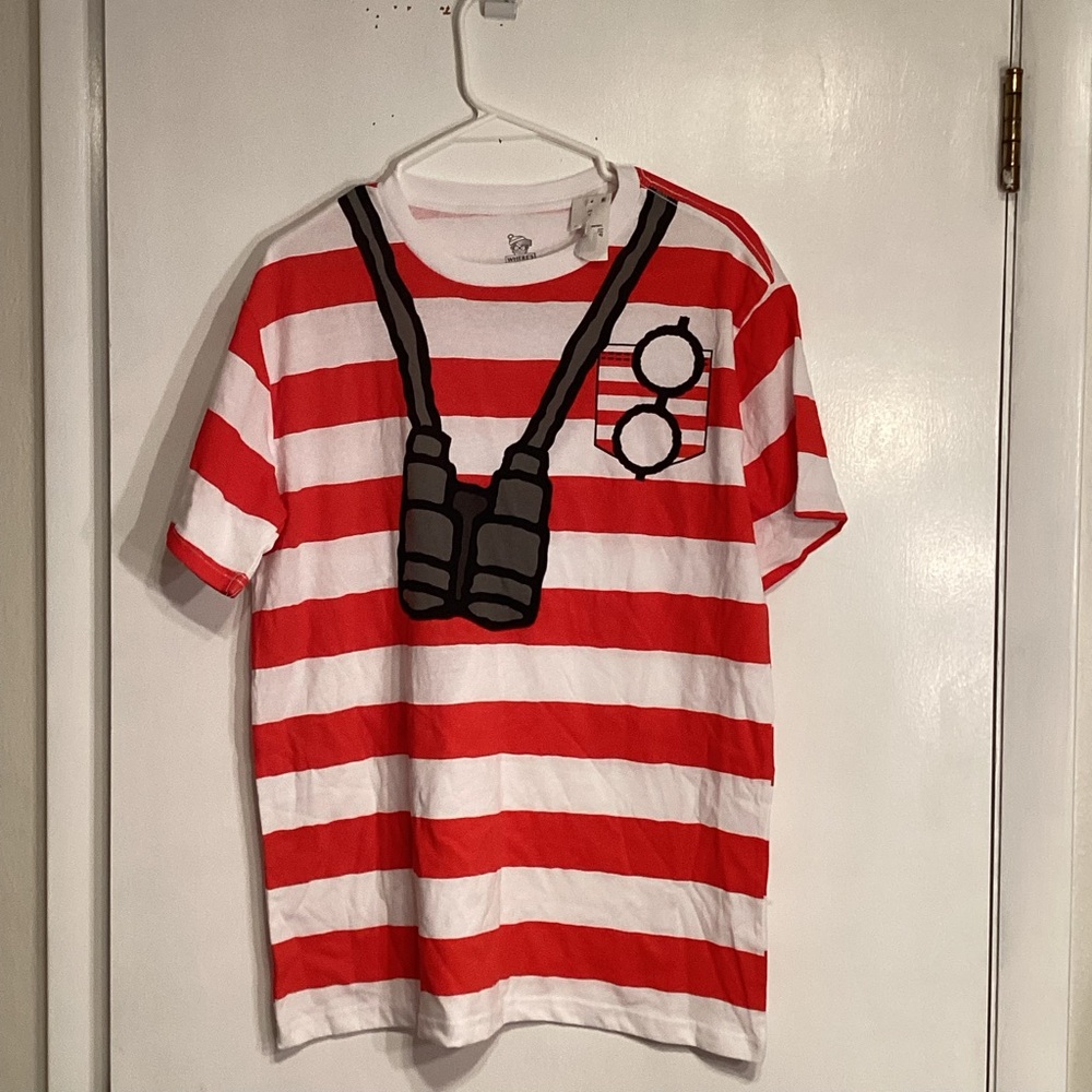 Where’s Waldo Red and White Striped T-Shirt with Binoculars Design unisex